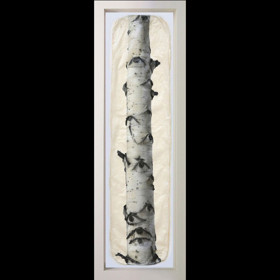 Aspen tree on gampi paper in white frame by artist Pete Zaluzec