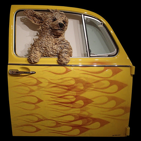 Doodle in a Yellow VW Door with Flames