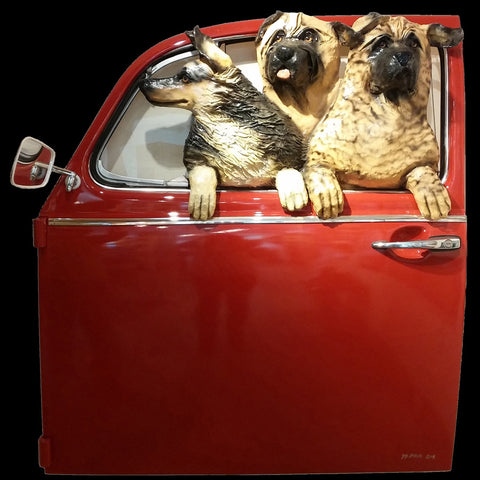 Three Dogs in a Red VW Door
