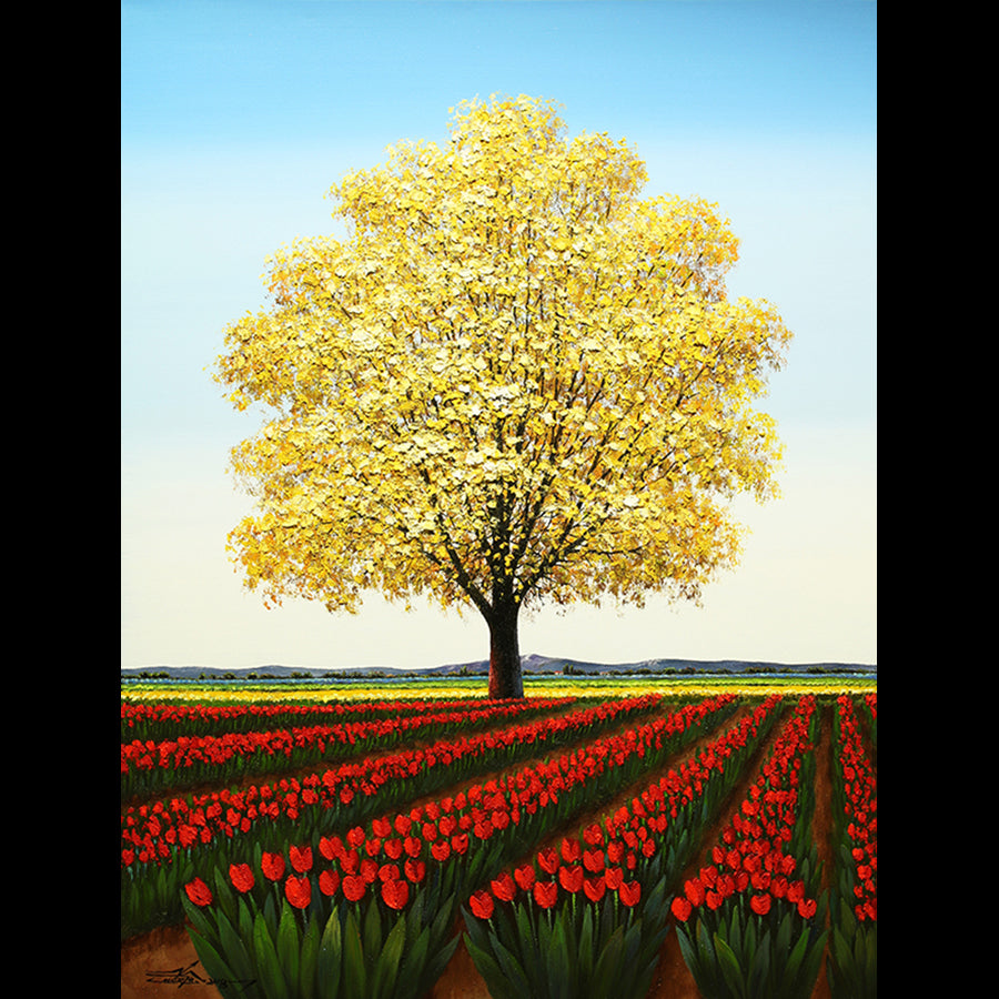 artist Mario Jung yellow tree tulips landscape painting for sale