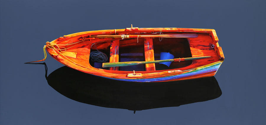 Mostly Red one of kind boat painting by artist Roger Hayden Johnson for sale