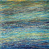 Azure-2-artist-Pat-McNabb-Martin-cut-canvas-An abstract textured painting featuring horizontal pieces of canvasin shades of blue, teal, yellow, and dark navy