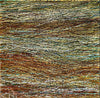 Calypso-1-artist-Pat-McNabb-Martin-cut-canvas-An abstract textured artwork made of many small horizontal and diagonal pieces of canvas in earthy tones, including brown, beige, gray, muted green, and touches of blue.