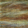 Calypso-2-artist-Pat-McNabb-Martin-cut-canvas-An abstract textured artwork made of many small horizontal rectangular elements in warm metallic and earthy tones, including gold, bronze, brown, beige, and hints of blue.