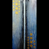 Centered-mixed-media-wood-art-artist-Cie-Hoover-Abstract art piece with gold circles and textured patterns on a black background