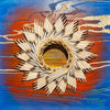 Colorado-Snow-mixed-media-wood-art-artist-Cie-Hoover-Decorative wall art with a sun-like design on a blue background, framed in wood