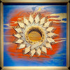 Colorado-Snow-mixed-media-wood-art-artist-Cie-Hoover-Abstract artwork with a central sun-like design on a blue and orange background