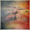 From-Above-mixed-media-wood-art-artist-Cie-Hoover-Abstract textured artwork of mountains from above with wavy patterns in red, orange, and gray for your living room