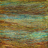 Golden-Weave-1-artist-Pat-McNabb-Martin-cut-canvas-Abstract textured artwork made of many small horizontal rectangular elements in warm brown, gold, tan, and blue tones, filling the full frame.