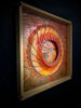 Iridescence-mixed-media-wood-art-artist-Cie-Hoover-Framed abstract artwork with a swirling design in warm colors on a dark background