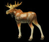 Macho-Man-bronze-sculptor-Jeremy-Bradshaw-A realistic moose figurine or sculpture shown in profile. The animal has a brown and tan body with cream-colored legs and large golden-yellow antlers.