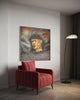 Mountains-of-the-Mind-Headstrong-in-your-home-mixed-media-wood-art-artist-Cie-Hoover-Red armchair in a room with a large abstract figurative painting on the wall and a floor lamp.