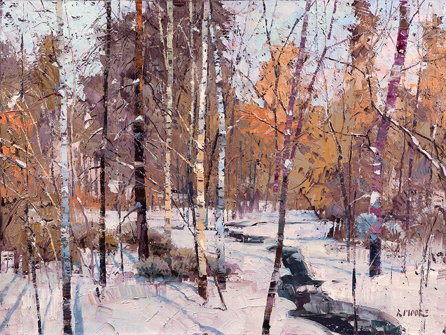 Peace-of-Winter-artist-Robert-Moore-aspens-snow-stream