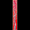 A vertical rectangular art featuring a stylized tree with white branches and gold circular accents on a vivid red background