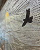 Solitude-closeup-mixed-media-wood-art-artist-Cie-Hoover-Engraved design of a bird flying over mountains with a sunset.