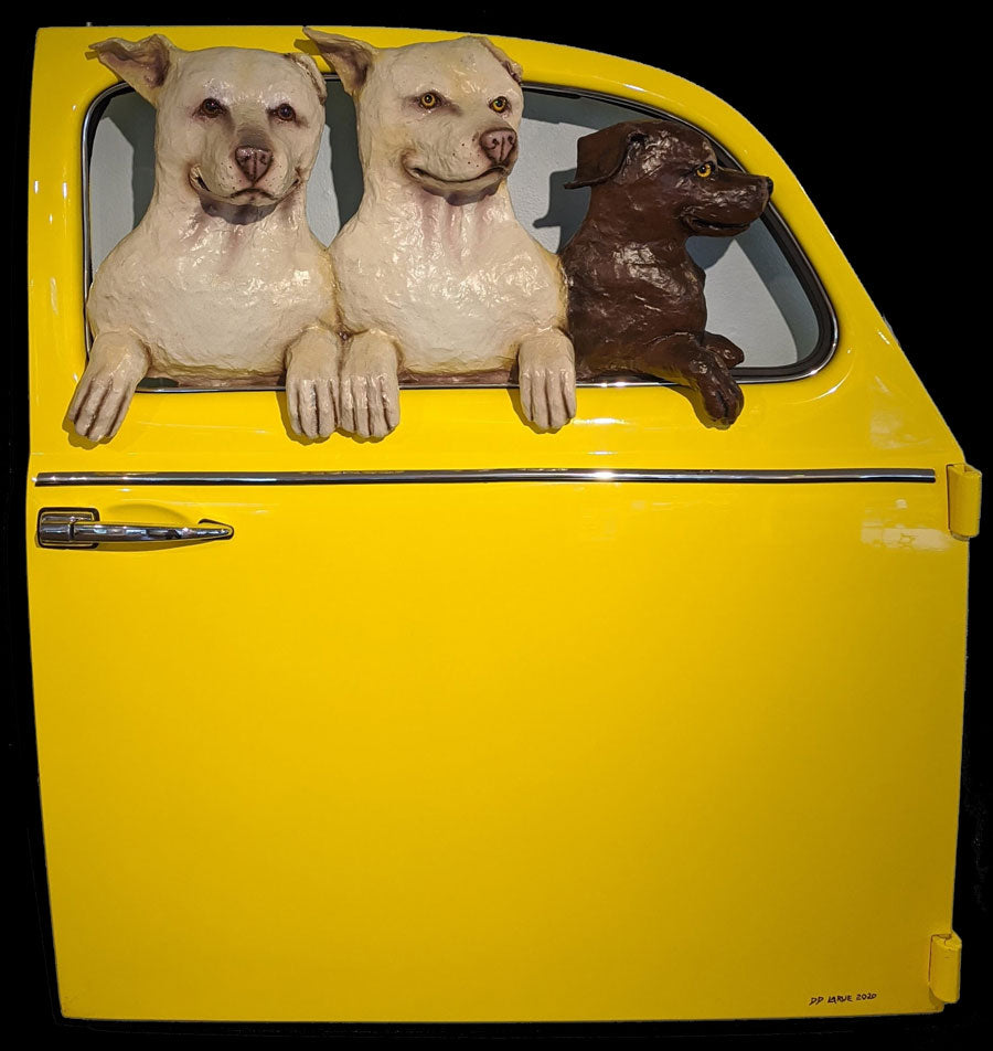 2 Yellow Labs and a Chocolate Lab in a Yellow VW Door dd larue dog in door sculpture 