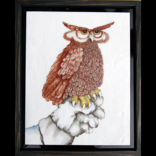 Enticed by Imagination original glass fired owl painting by artist Gary Vigen