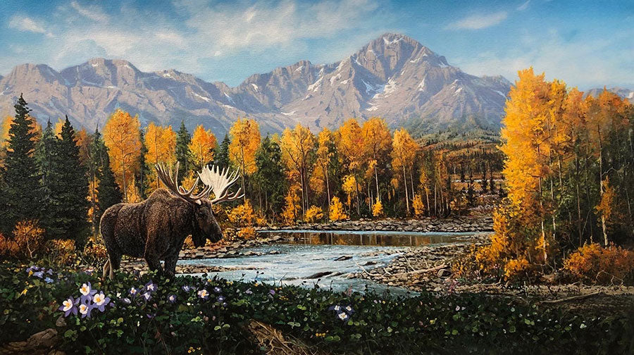 A River Runs Through It original oil on canvas mountain landscape with a wild moose in the fall by Colorado artist Maxine Bone