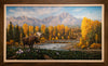 A River Runs Through It original oil on canvas mountain landscape with a wild moose in the fall by Colorado artist Maxine Bone
