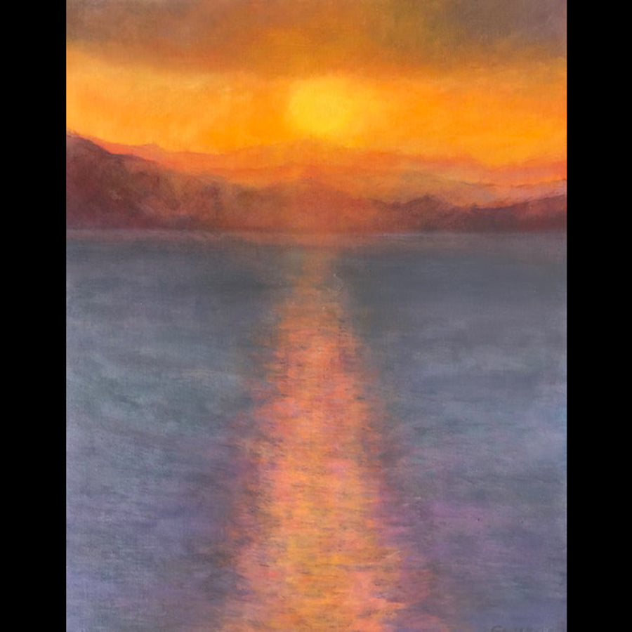 After the Storm original oil on canvas abstract sunset lake painting by artist Judy Greenan impressionist impressionism painting