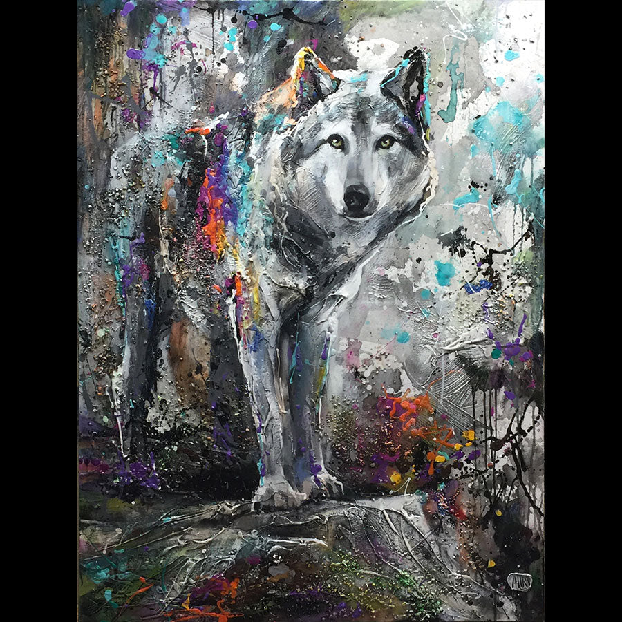 Alpha Features original mixed media wolf painting by Canadian artist Miri Rozenvain