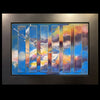 swans flying together in a sunset sky done in watercolor with a metal frame by artist Kay Stratman - front