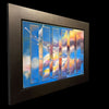 swans flying together in a sunset sky done in watercolor with a metal frame by artist Kay Stratman - left