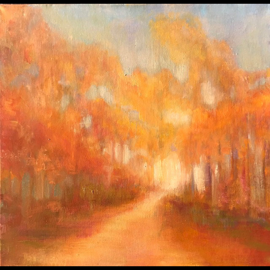 Aspen Glow original oil on canvas abstract forest painting aspen tree hike by artist Judy Greenan