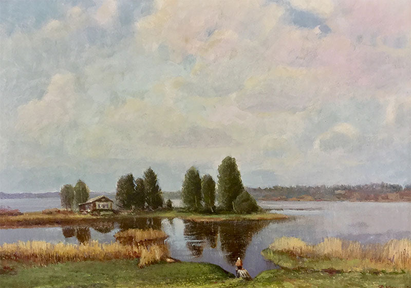 At Lake Mstino, 1985 original oil on canvas painting by russian artist Vladimir Pavlovich Krantz