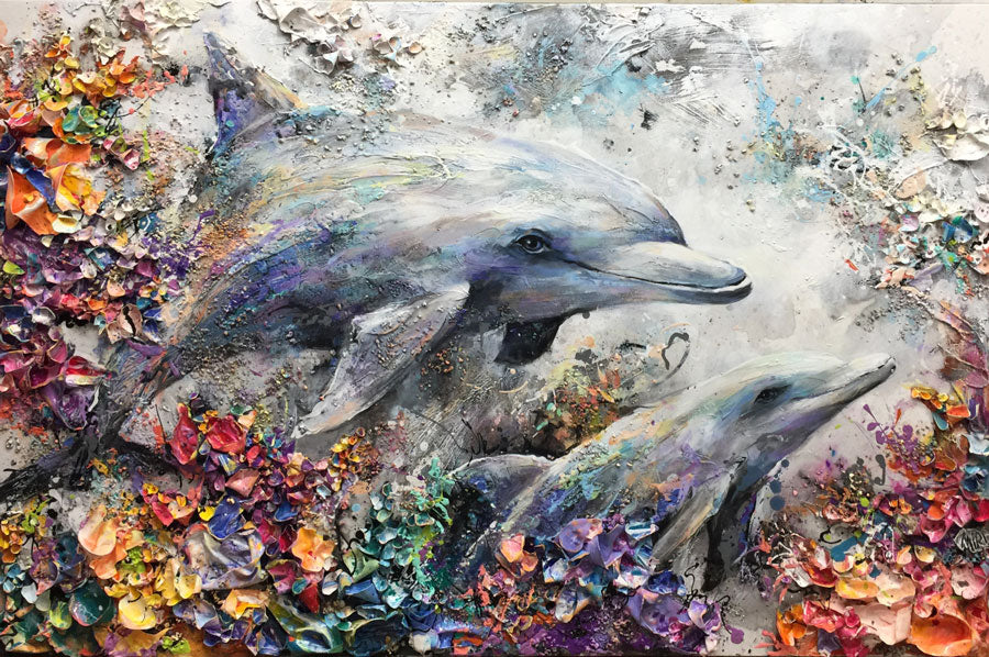 Beautiful Swim original dolphin painting by miri rozenvain for sale at Raitman Art Galleries