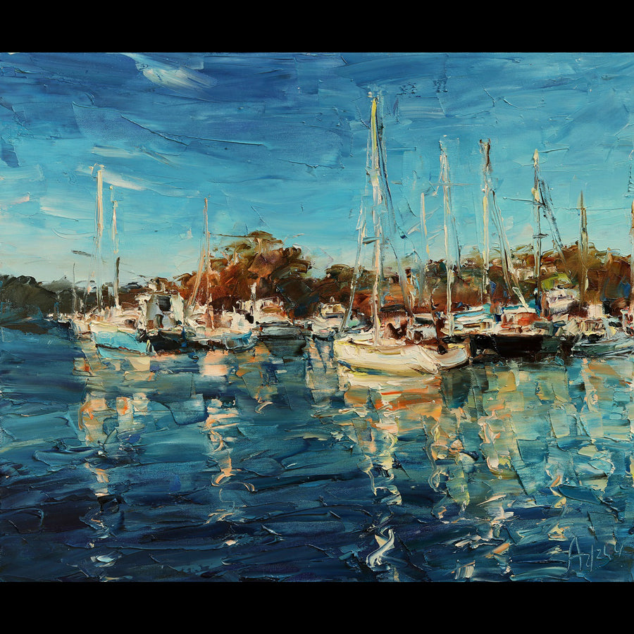Blue Lagoon sail boat marina painting by lyudmila agrich for sale at Raitman Art Galleries