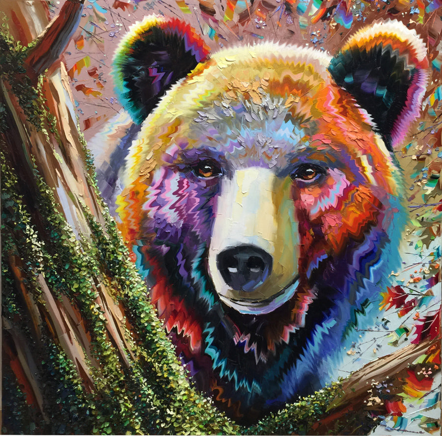 Colorful Spring oil on canvas bear painting by artist Michael Rozenvain for sale