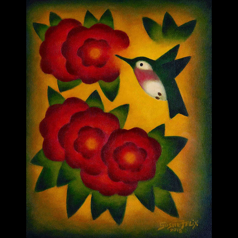 Crimson Joy original acrylic on panel wildlife painting by Colorado artist Sushe Felix