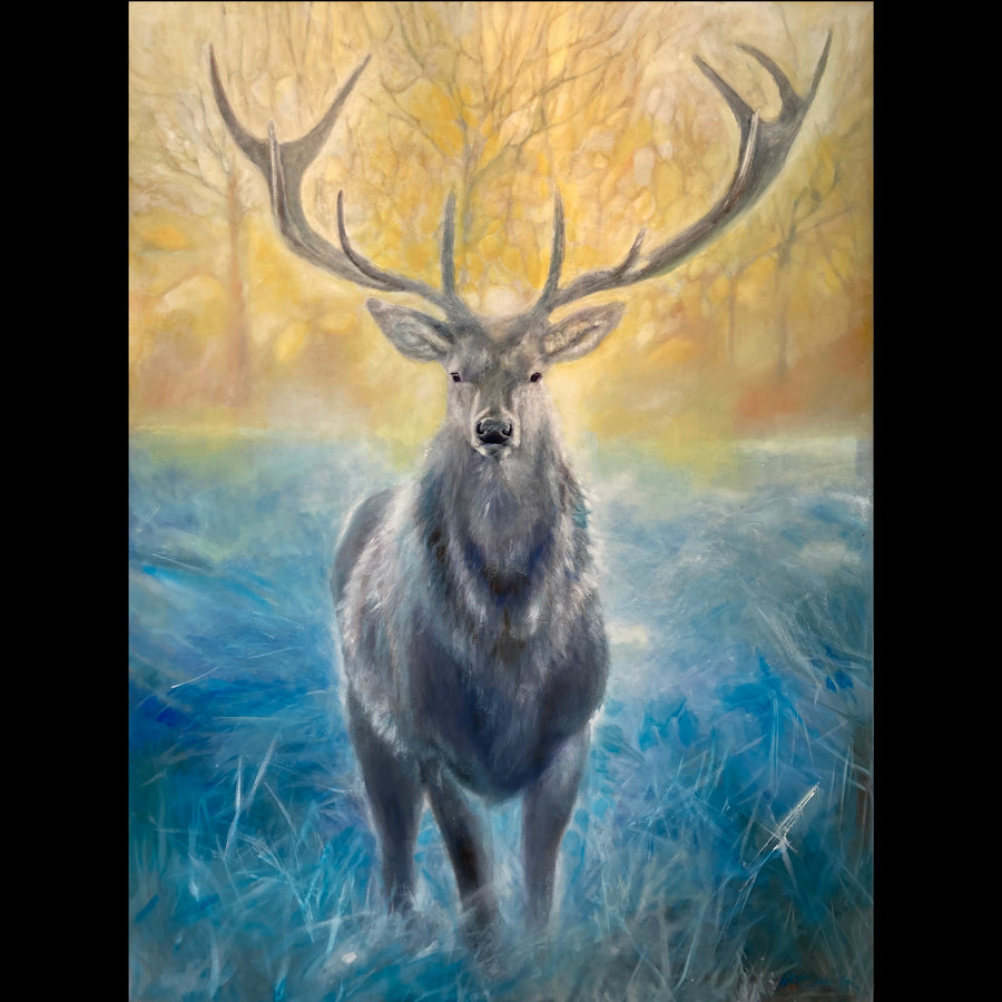 Silver Stag Wildlife deer elk painting by artist Noemi Kosmowski for sale at Raitman Art Galleries located in Breckenridge and Vail Colorado