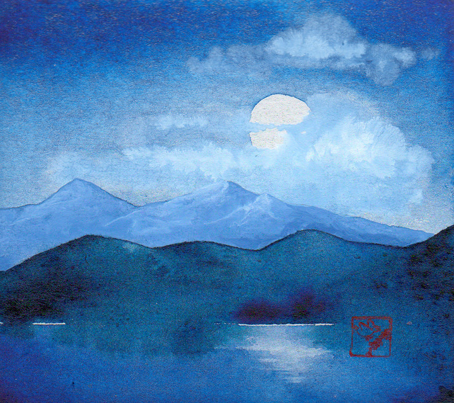 Evening-Reflections--Kay-Stratman-mini-watercolor-mountain-moon