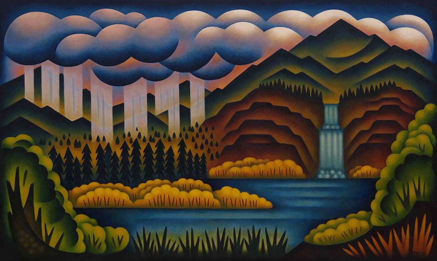 Falling Waters original oil on panel landscape painting by Colorado artist Sushe Felix