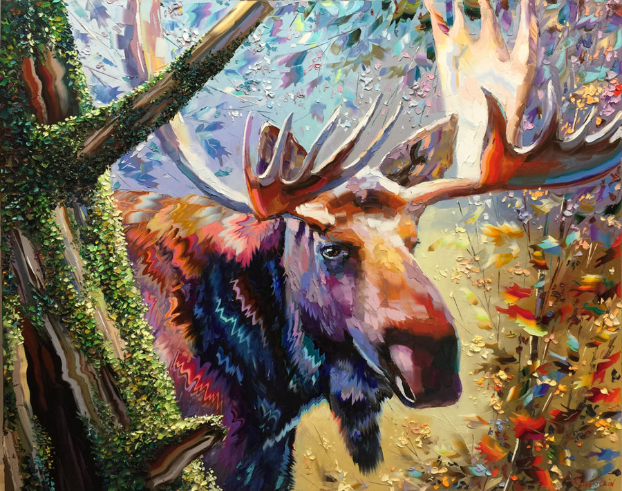 Forest Adventures original moose painting by artist Michael Rozenvain