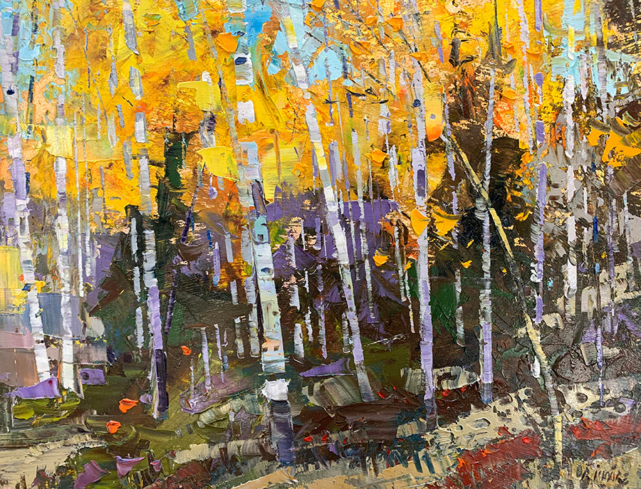 Glorious September fall forest painting by artist robert moore for sale