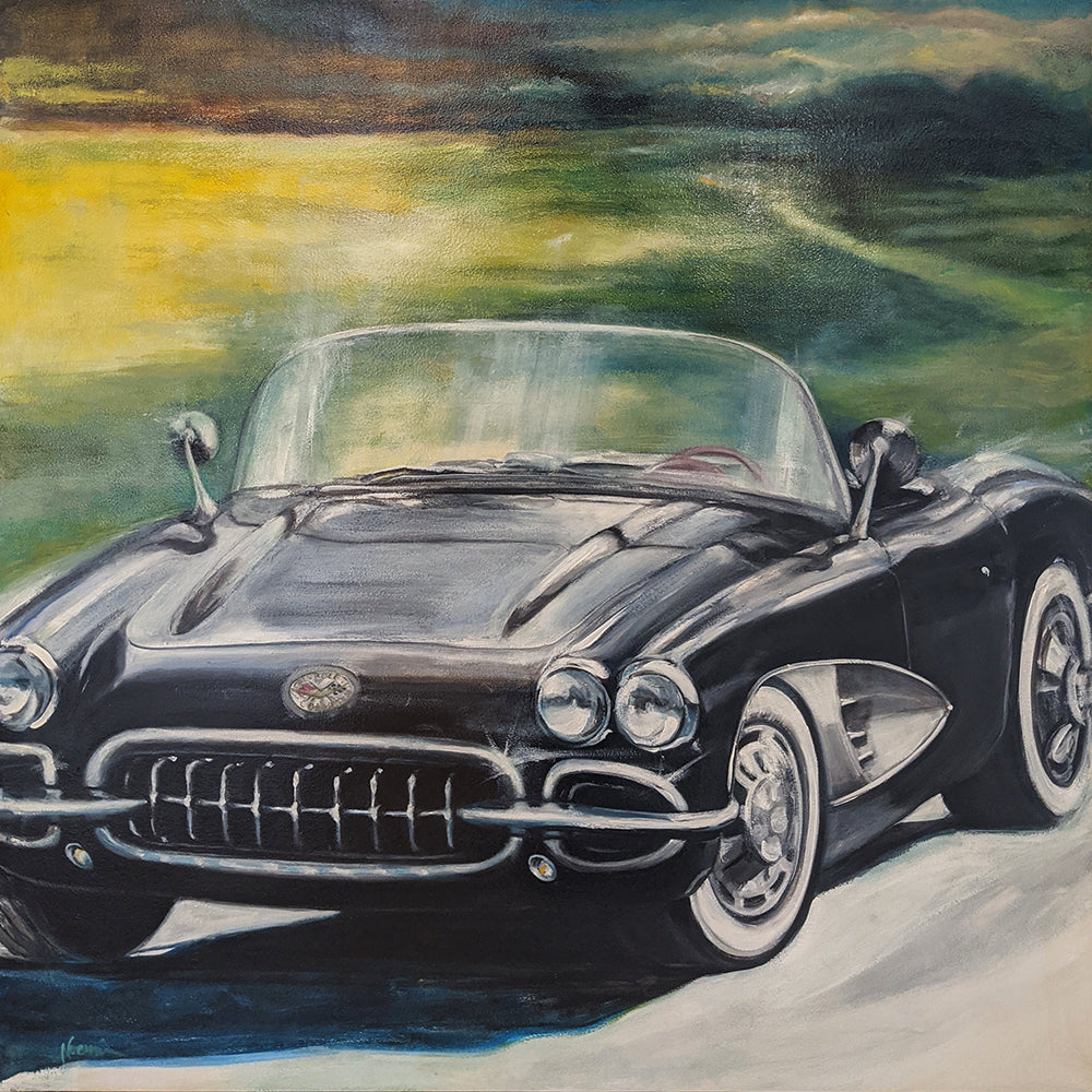 Corvette 1959 original car painting by noemi kosmowski for sale at Raitman Art Galleries located in Breckenridge and Vail colorado