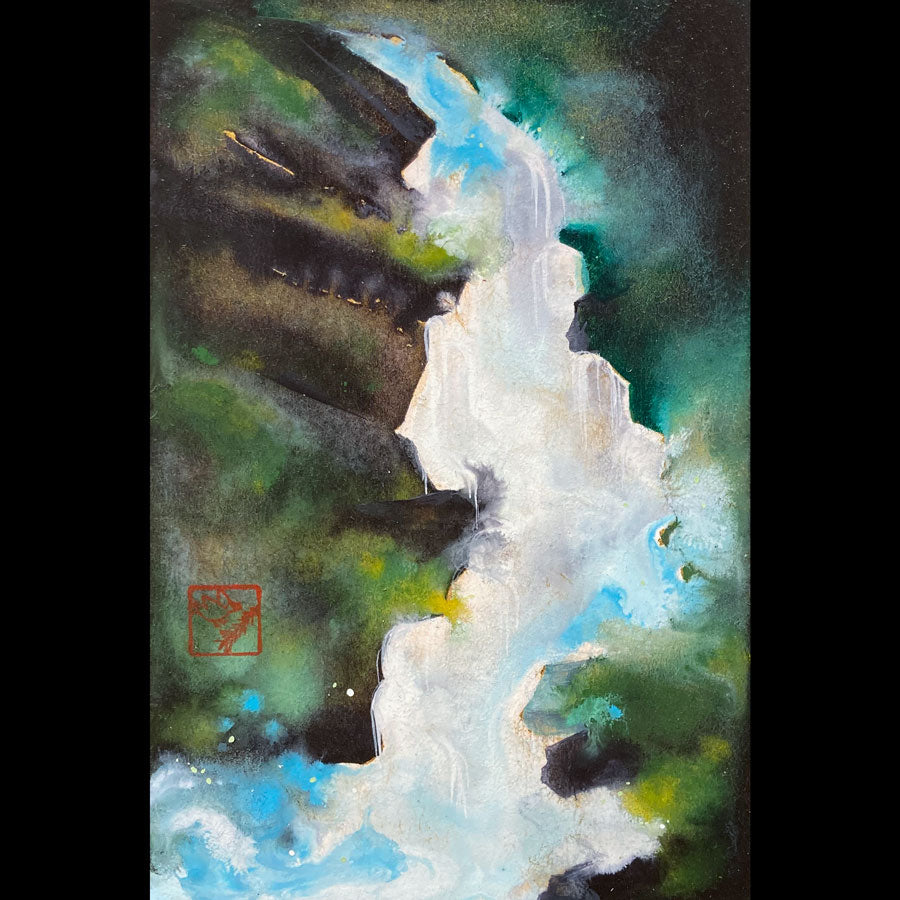Hidden Falls Study original watercolor by Jackson Hole Wyoming artist Kay Stratman waterfall painting