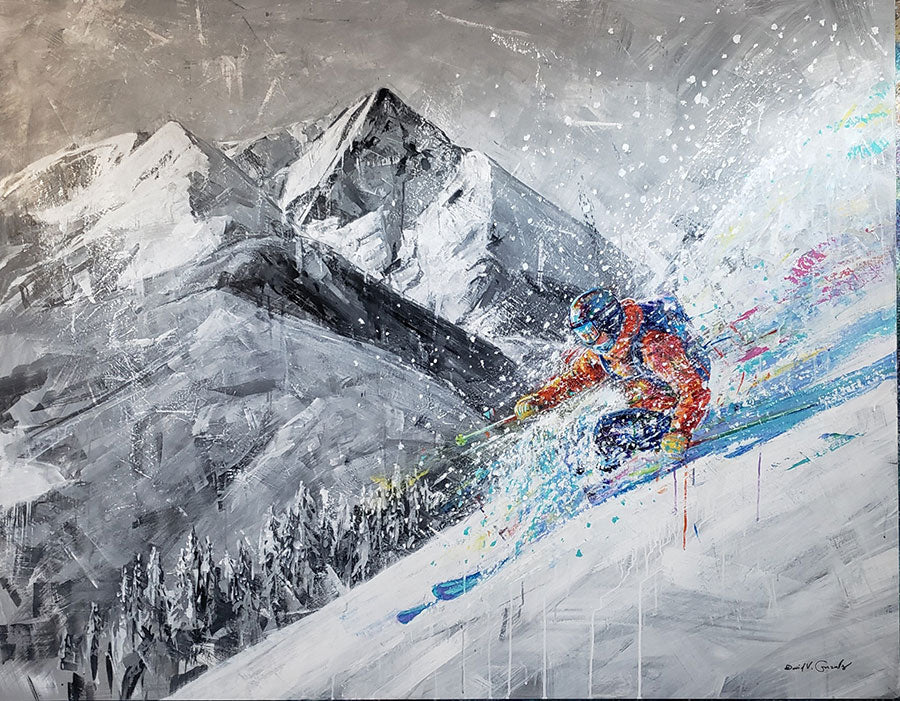 Holy Pow Day original acrlyic on panel ski paintings by Colorado based artist David V Gonzales