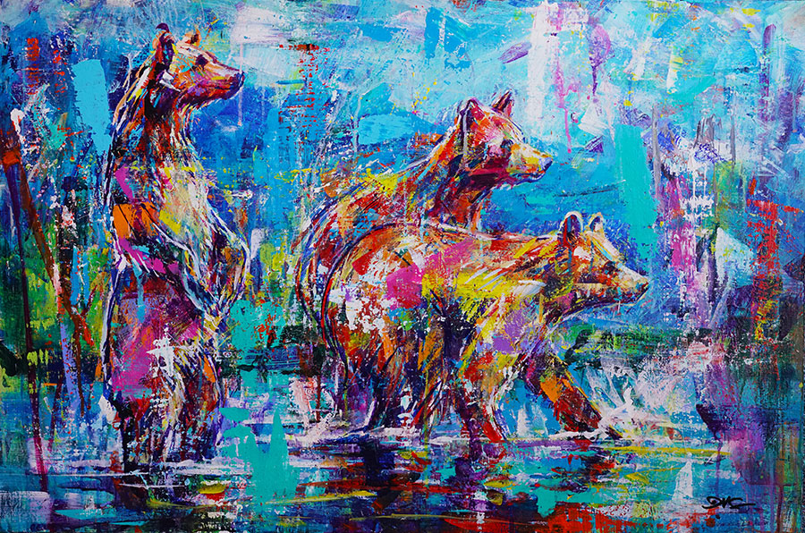Lakeside Encounter original bear painting by artist David Gonzales