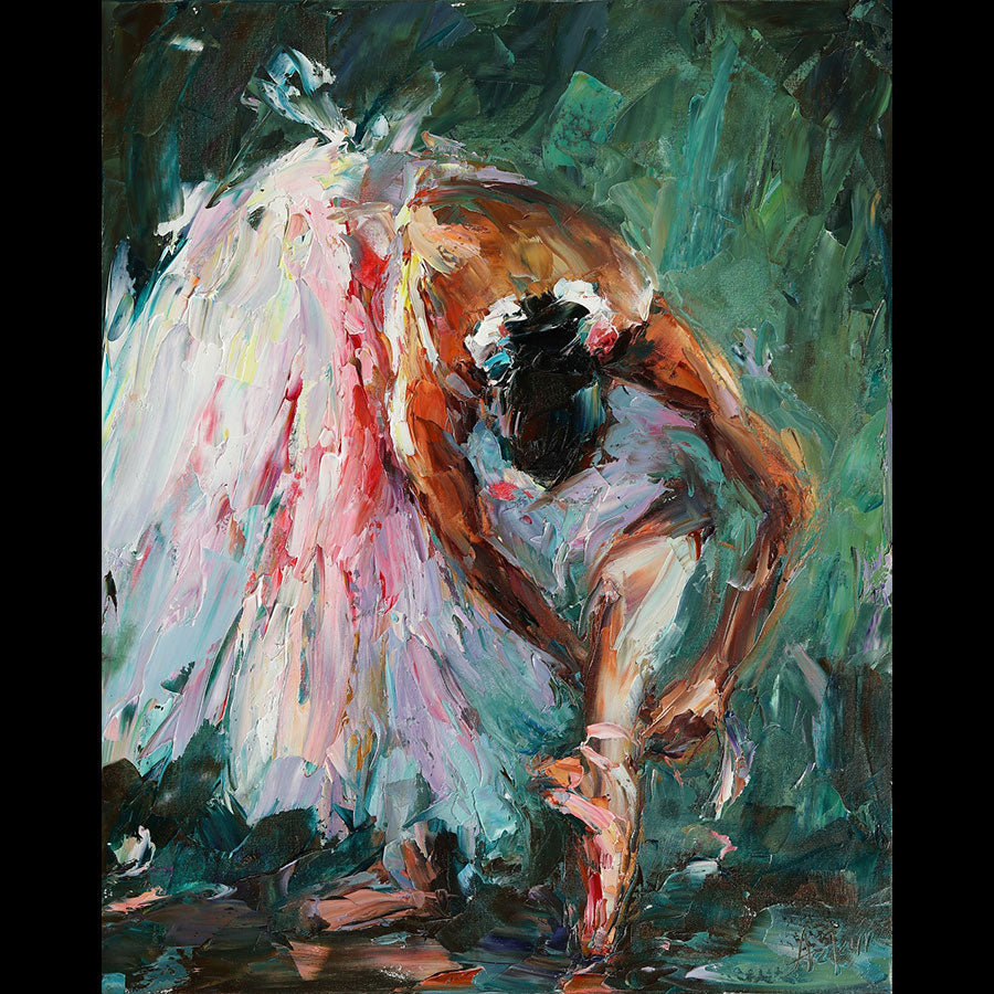 Lacing Up original oil on canvas painting by Denver Colorado artist Lyudmila Agrich