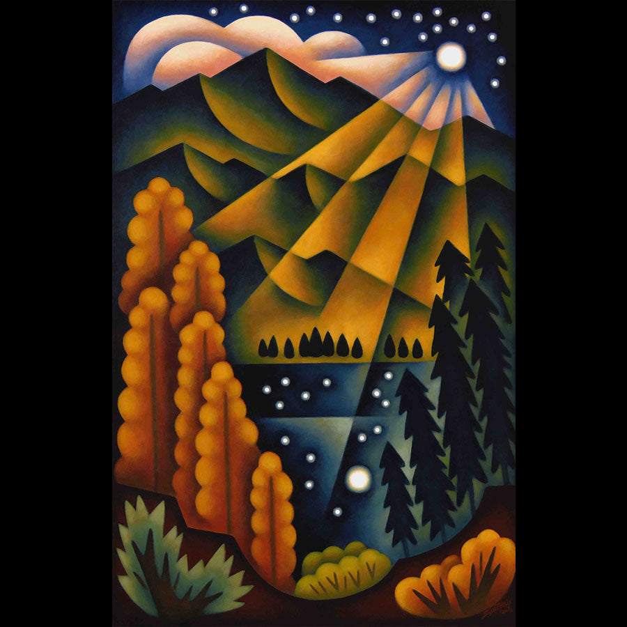 Late Autumn Moon original oil on panel landscape painting by Colorado artist Sushe Felix