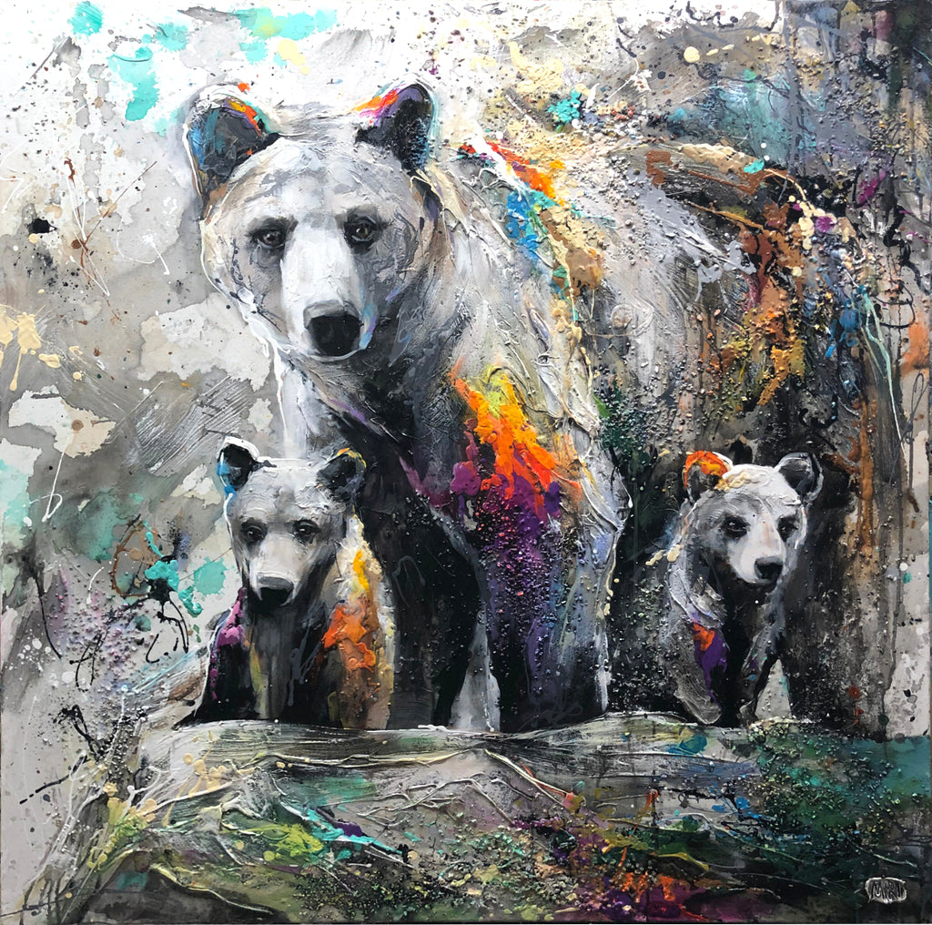 Loving Family original acrylic on canvas wildlife painting by Colorado artist Miri Rozenvain 