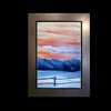 watercolor painting of a snowy mountain ranch at sunset or sunrise by artist Kay Stratman - front