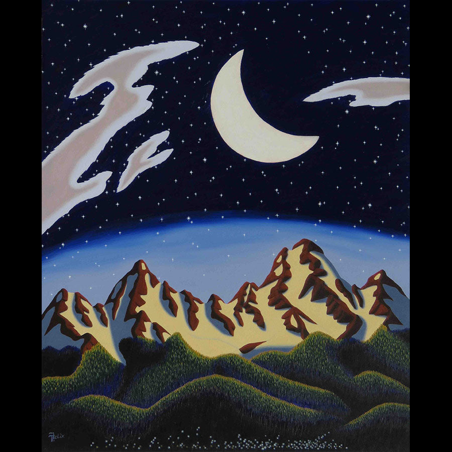 Midnight Moon original oil on panel mountain painting by Colorado artist Tracy Felix