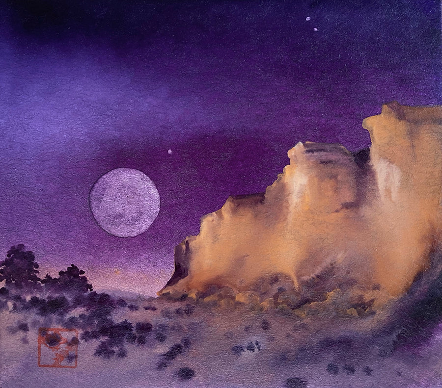 Moonlight-at-Red-Rocks-Kay-Stratman-mini-watercolor-mountain-moon