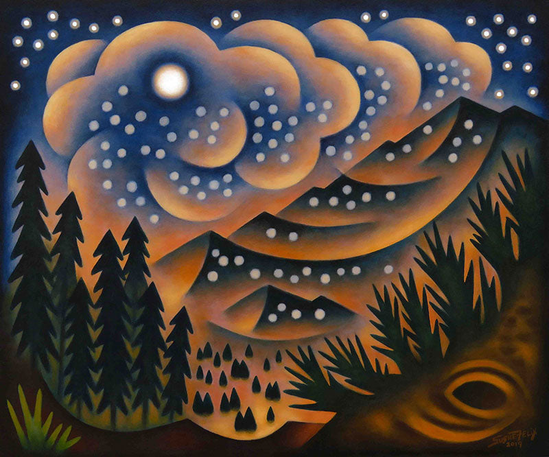 Moonlit Flurries original acrylic on panel landscape painting by Colorado artist Sushe Felix