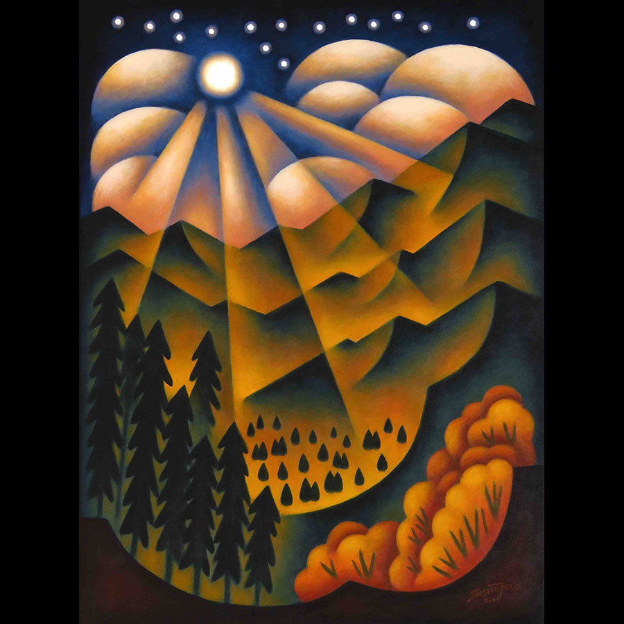 Moonlit Peaks original oil on panel landscape painting by Colorado artist Sushe Felix